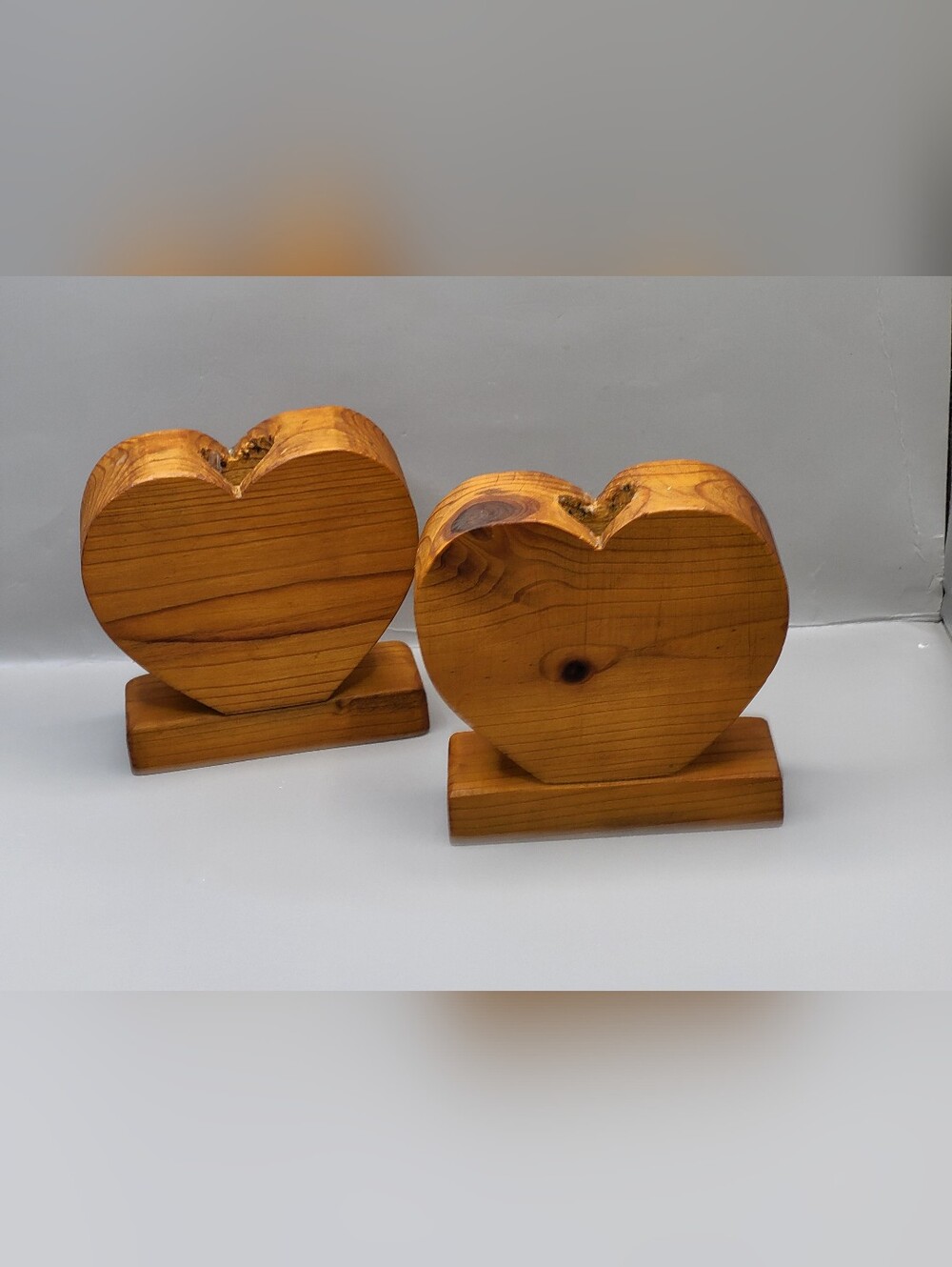 Vintage Set Of 2 Wooden Heart Shaped Candle Holders Rustic Cabin Decor Handmade